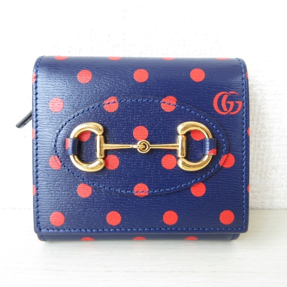 GUCCI Horsebit Polka Dot Compact Wallet Bi-fold 621891 Navy Red Women's